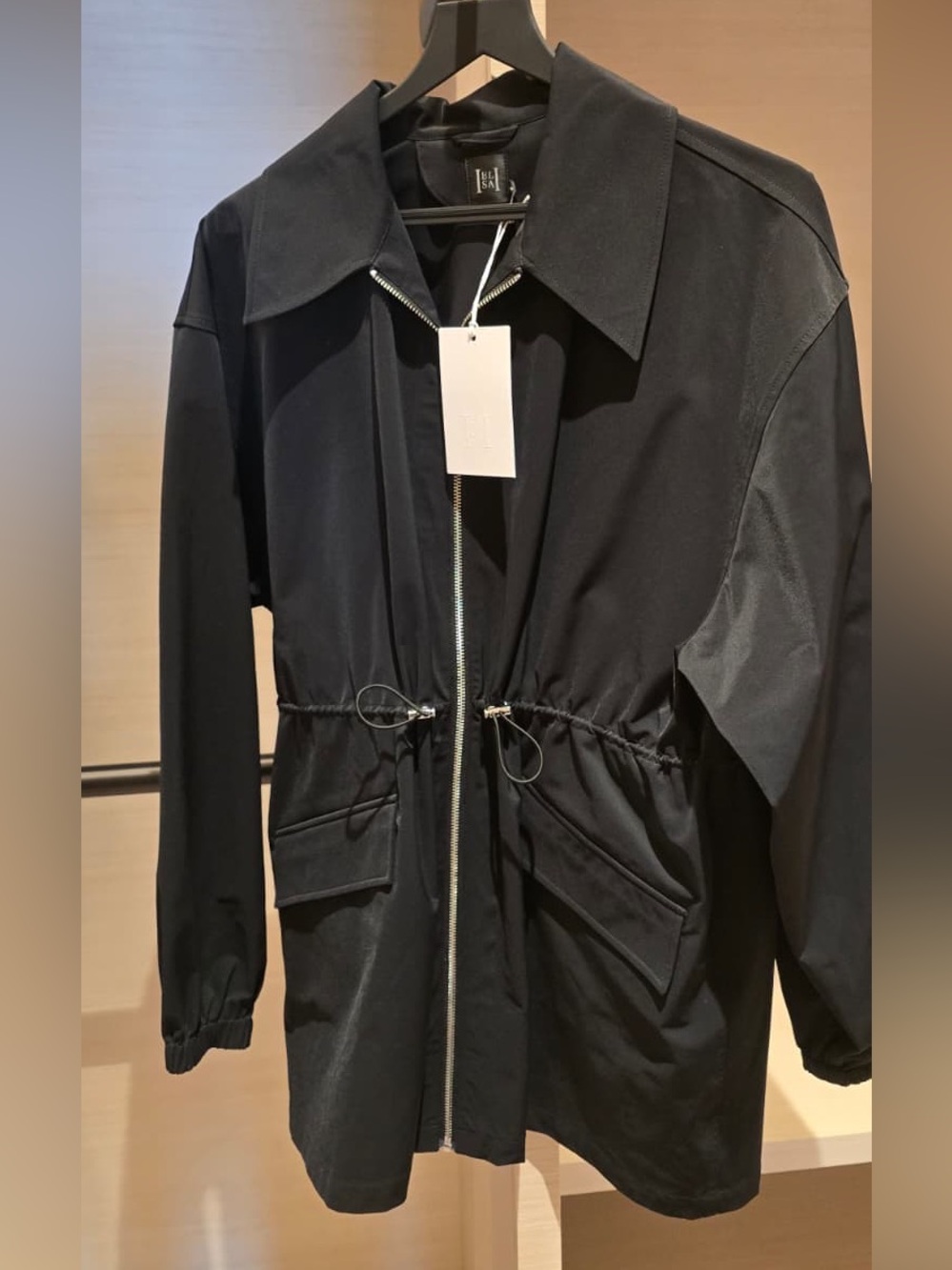 HELSA Black Zip-Front Trench Coat with Drawstring Waist